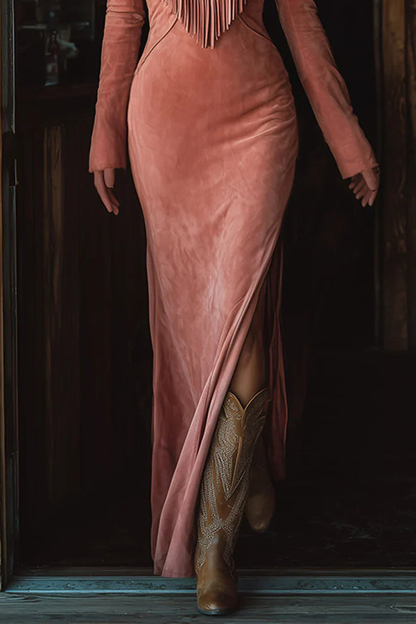 Embroidered Floral Tassel Long-sleeved Slim-fit Maxi Dress