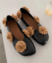 New Floral Splicing Flat Shoes Women Black Sheepskin
