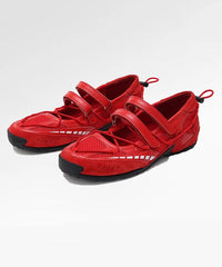 Red Faux Leather Buckle Strap Splicing Sport Flats