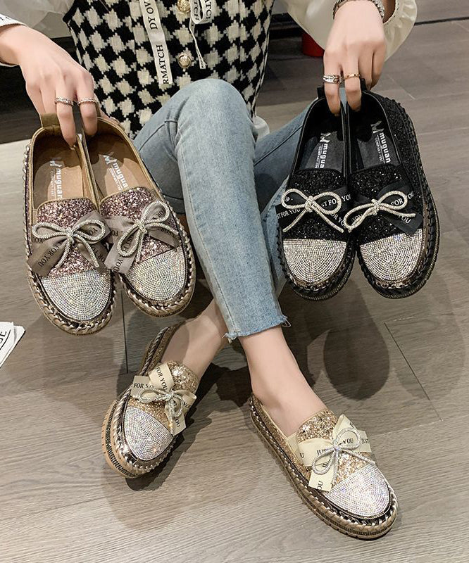 Stylish Splicing Gold Platform Flat Shoes Black Zircon Bow