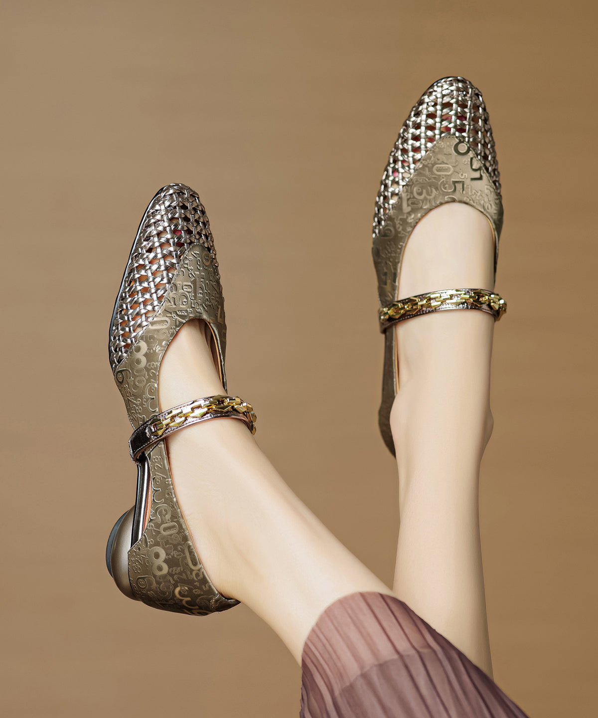 Vintage Green Cowhide Leather Splicing Hollow Out Chunky Shoes