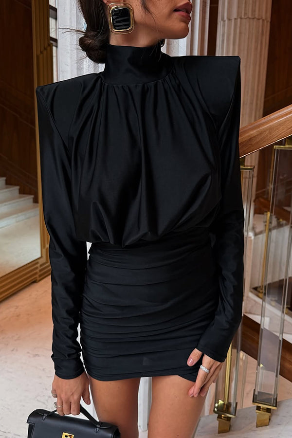 High-Neck Long-Sleeved Slim-Fit Pleated Mini Dress