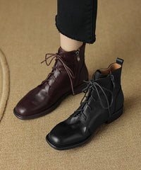 Brown Boots Chunky Cowhide Leather Splicing Cross Strap