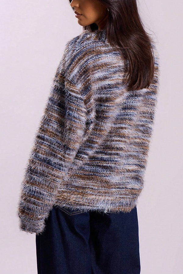 Mixed Color Loose V-neck Casual Knit Cardigan