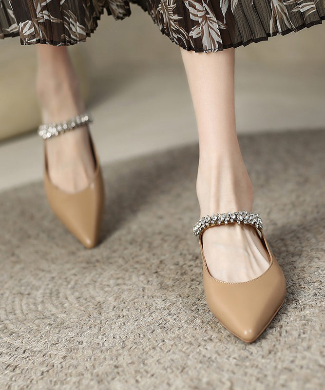 Beige Flat Sandals Faux Leather Pointed Toe Splicing Zircon