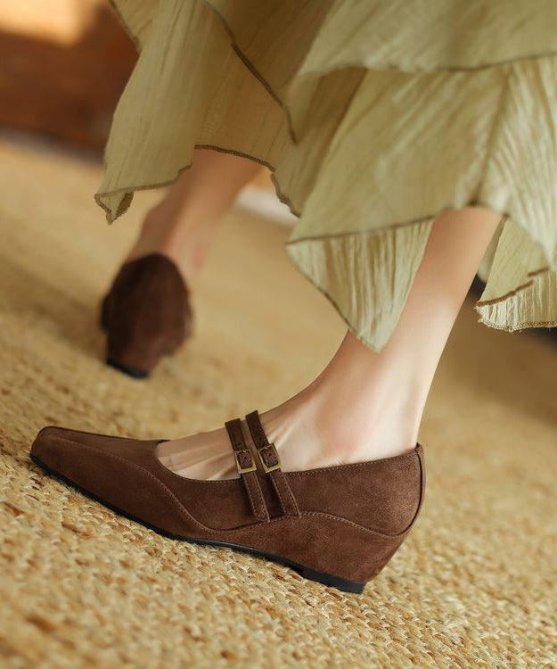 Brown Wedge Heels Shoes Suede New Splicing Buckle Strap