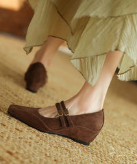Brown Wedge Heels Shoes Suede New Splicing Buckle Strap
