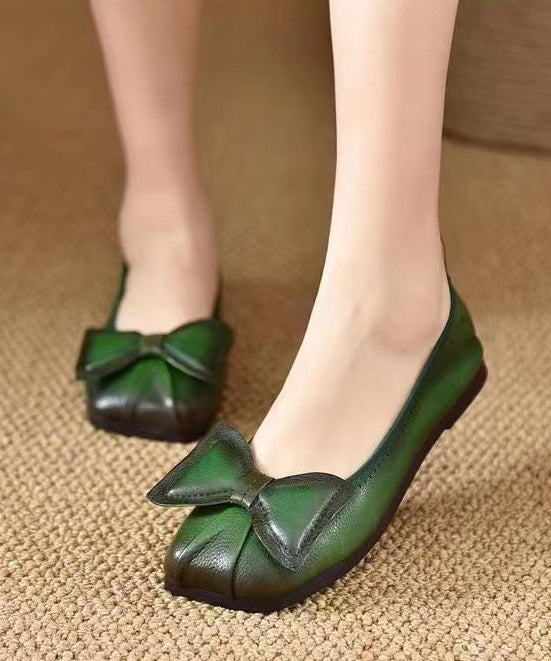Green Bow Cowhide Leather Comfortable Flats Shoes