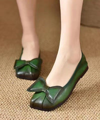 Green Bow Cowhide Leather Comfortable Flats Shoes