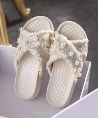 Beige Canvas Nail Bead Splicing Platform Slide Sandals