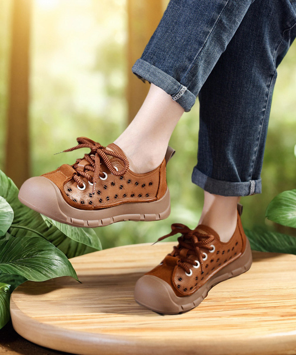 Beige Hollow Out Lace Up Splicing Platform Flat Feet Shoes