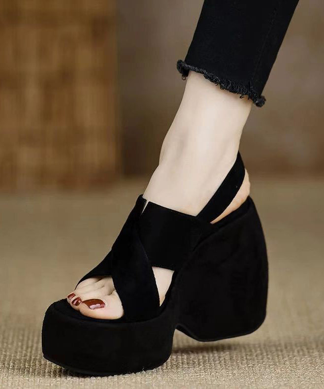 Stylish Splicing Wedge Heels Sandals Black Suede Peep Toe