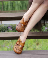 Bohemian Caramel Hollow Out Cowhide Leather Chunky Heel Slide Sandals