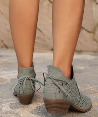 Grey Hollow Out Lace Up Faux Leather Simple Chunky Boots