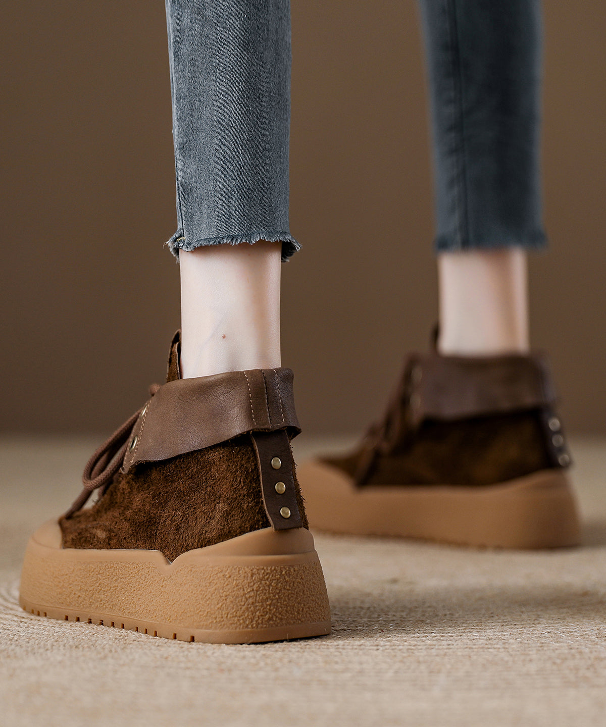 Khaki Suede Lace Up Splicing Boots