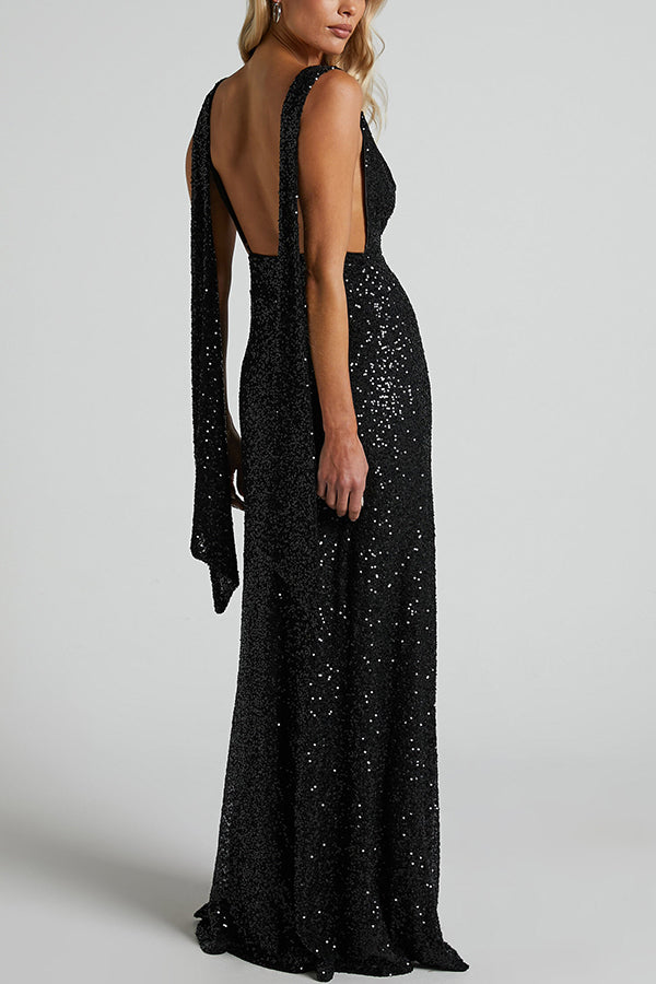 All The Sparkle Sequin Cowl Neck Backless Slit Stretch Maxi Dress