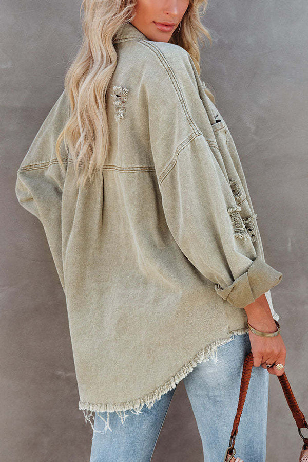 Lapel Long Sleeve Ripped Denim Jacket