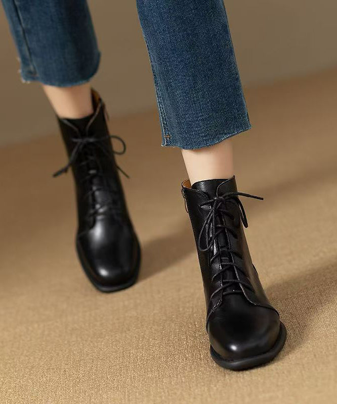 Cowhide Leather Boots Zippered Lace Up Splicing Brown