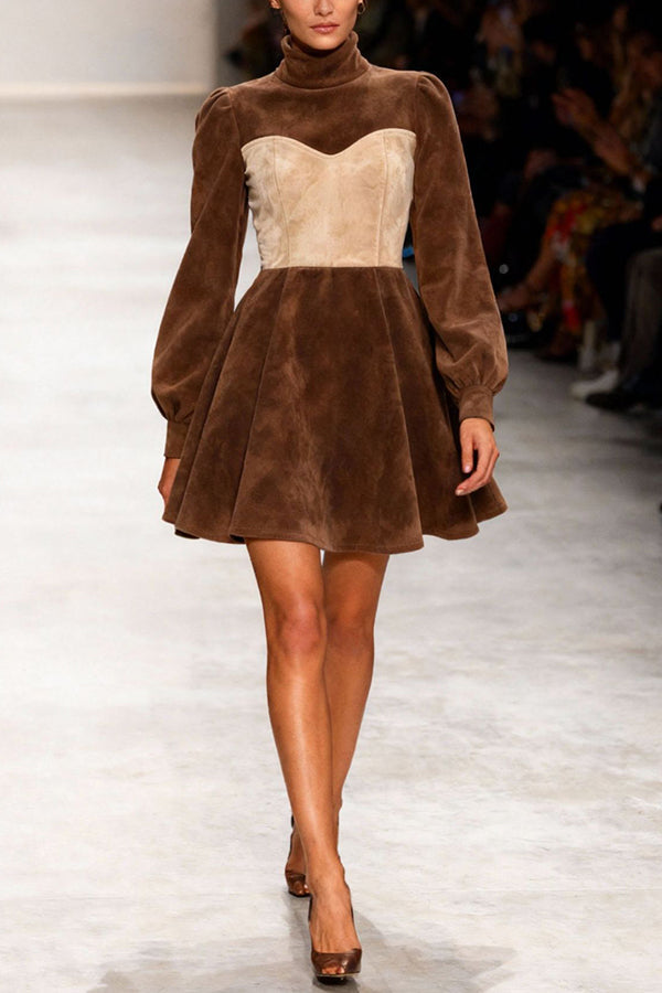 Suede Color-blocked Turtleneck Long-sleeved Mini Dress