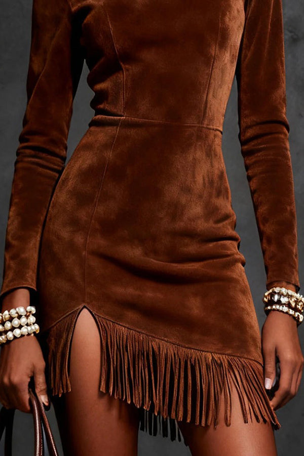 Suede Turtleneck Long-sleeved Slim-fit Tassel Mini Dress