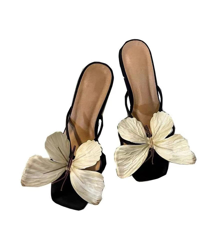 New Bow Flower Square Toe High Heels Slide Sandals