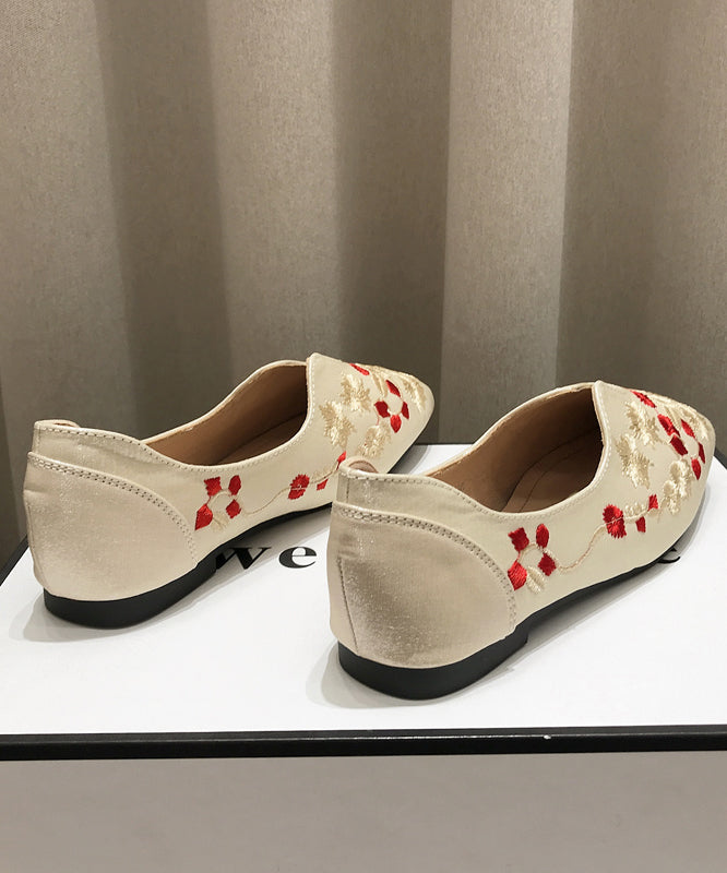 Embroidered Flat Shoes Apricot Cotton Fabric