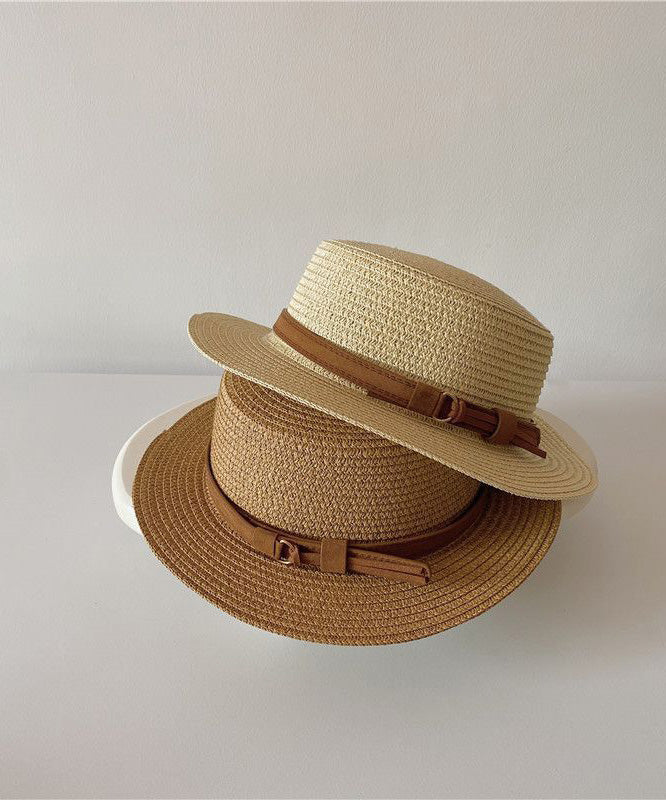 French Khaki Straw Woven Flat Top Sun Cloche Hat