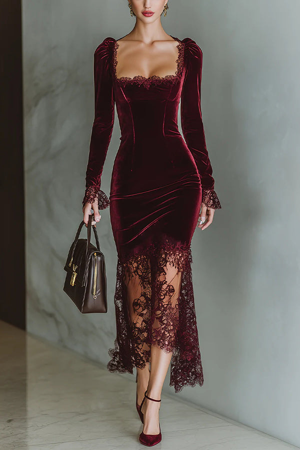 Velvet and Lace Patchwork Square Neck Long-sleeved Maxi Dress