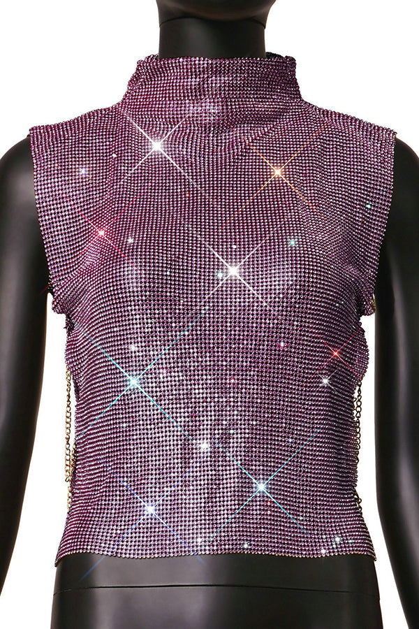 High-neck Rhinestone Metallic Top