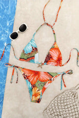 Floral Print Lace-Up Stretch Two-Piece Bikini Swimsuit