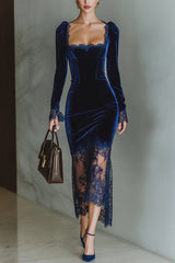 Velvet and Lace Patchwork Square Neck Long-sleeved Maxi Dress