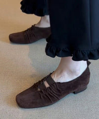Brown Suede Wrinkled Splicing Flat Shoes For Women