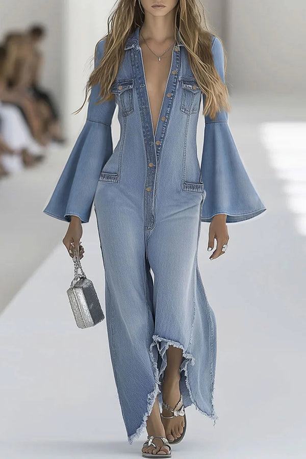 Bell Sleeves Single-breasted Casual Denim Jumpsuit
