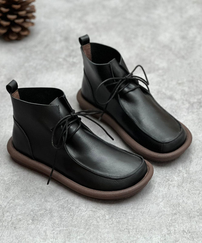 Retro Lace Up Boots Coffee Fuzzy Wool Lined Cowhide Leather