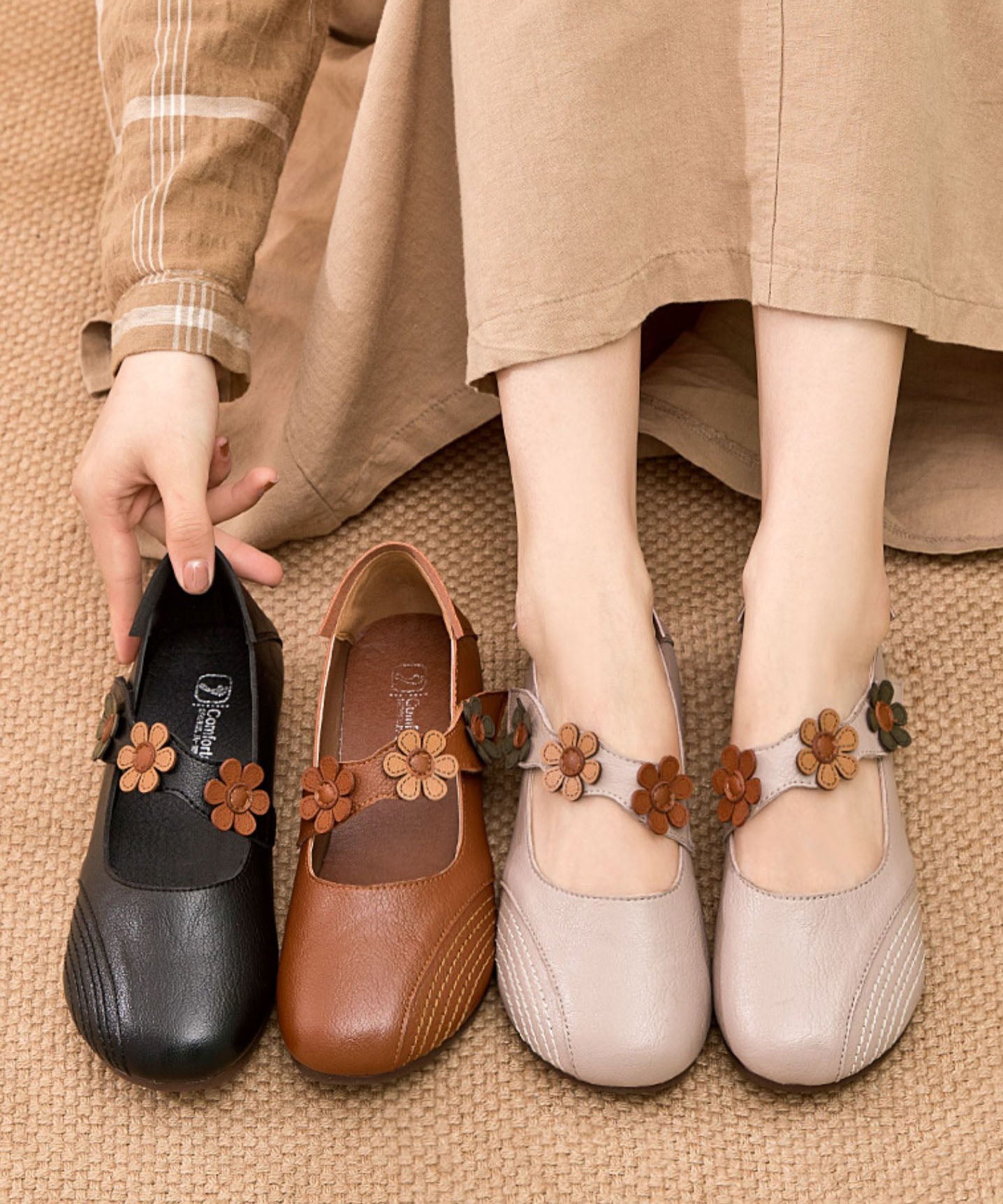 Boho Buckle Strap Flat Shoes For Apricot Floral Cowhide Leather