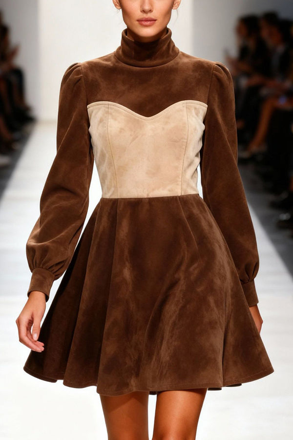 Suede Color-blocked Turtleneck Long-sleeved Mini Dress