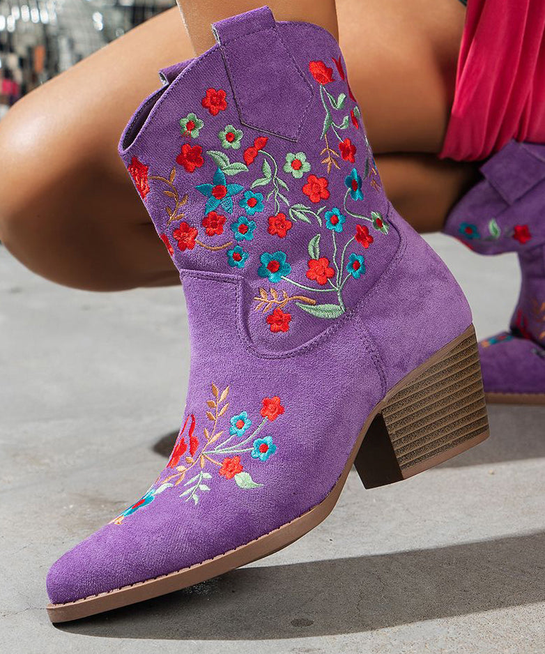 Elegant Purple Pointed Embossed Boots Suede Chunky Ankle Boots