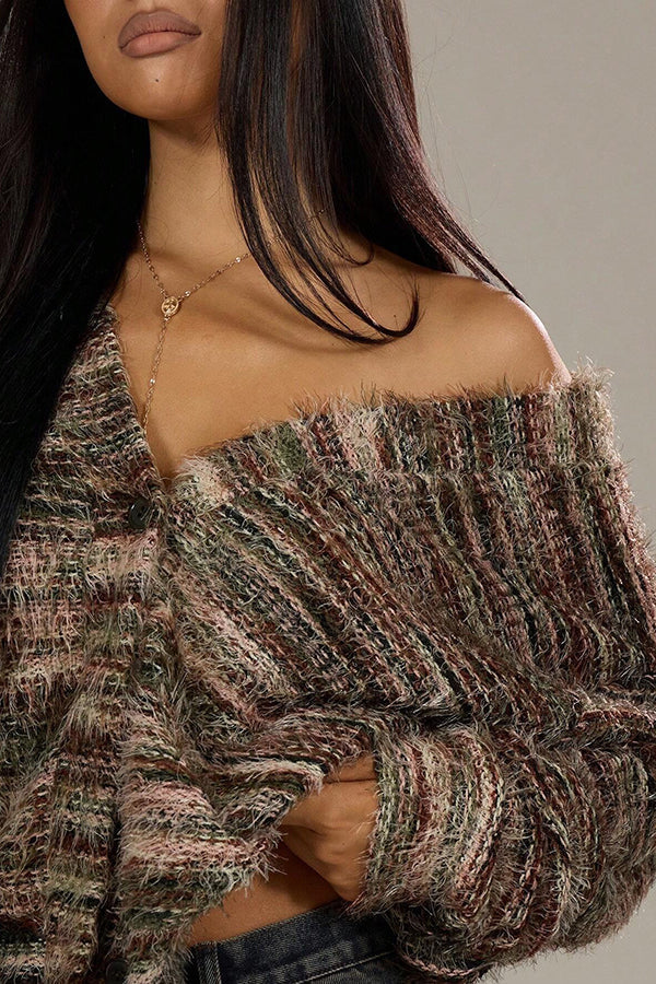 Mixed Color Loose V-neck Casual Knit Cardigan
