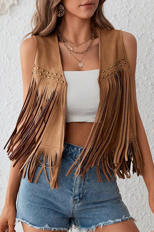 Suede V-neck Sleeveless Casual Studded Tassel Vest