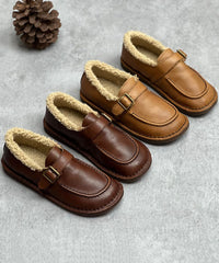 Chocolate Flat Shoes For Cowhide Leather Casual Fuzzy Wool Lined Flat Shoes For Women
