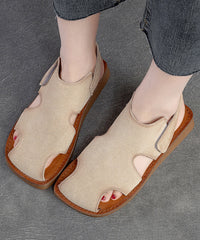 Handmade Beige Cowhide Leather Splicing Walking Sandals Hollow Out