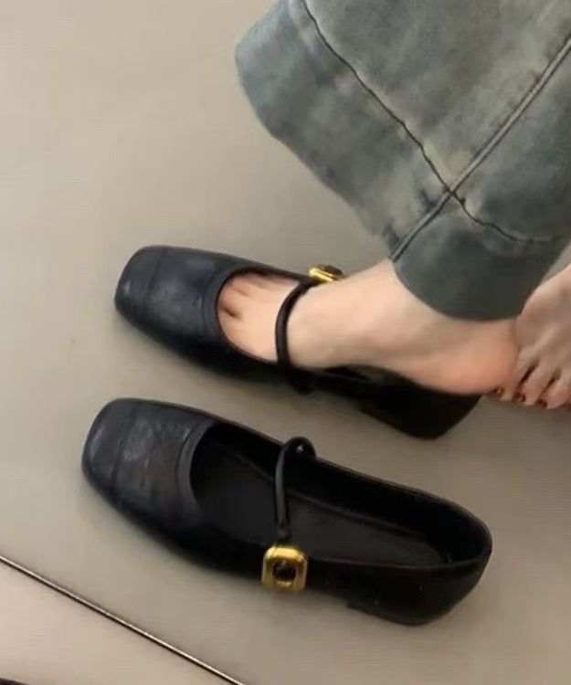 Black Cowhide Leather Chic Splicing Flat Shoes For Women