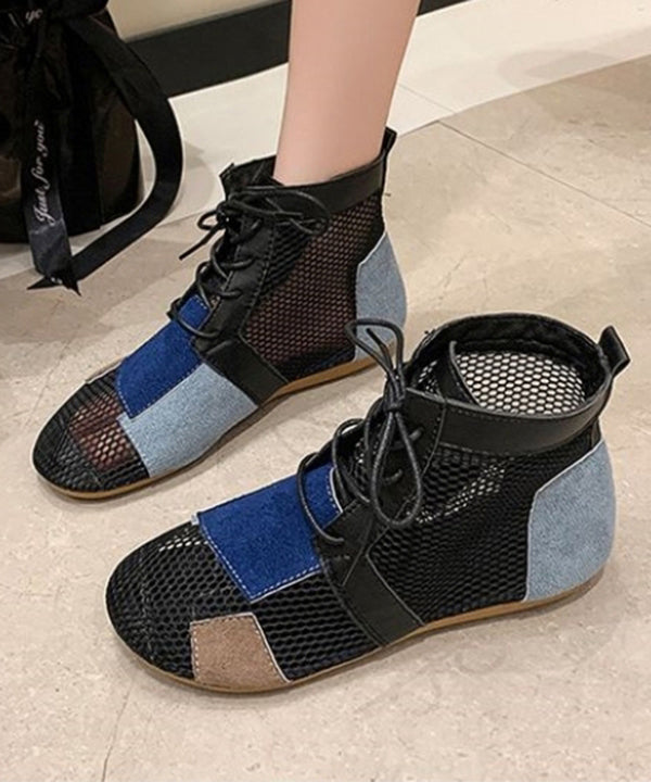 Black Lace Up Breathable Mesh Unique Splicing Boots