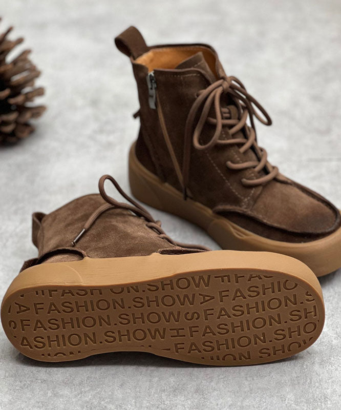 Coffee Cowhide Leather Boots Vintage Zippered Lace Up Mountaineering Boots
