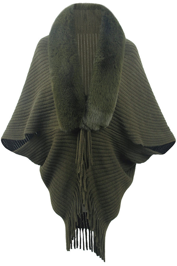 Fur Collar Tassel Hem Knitted Shawl Cape