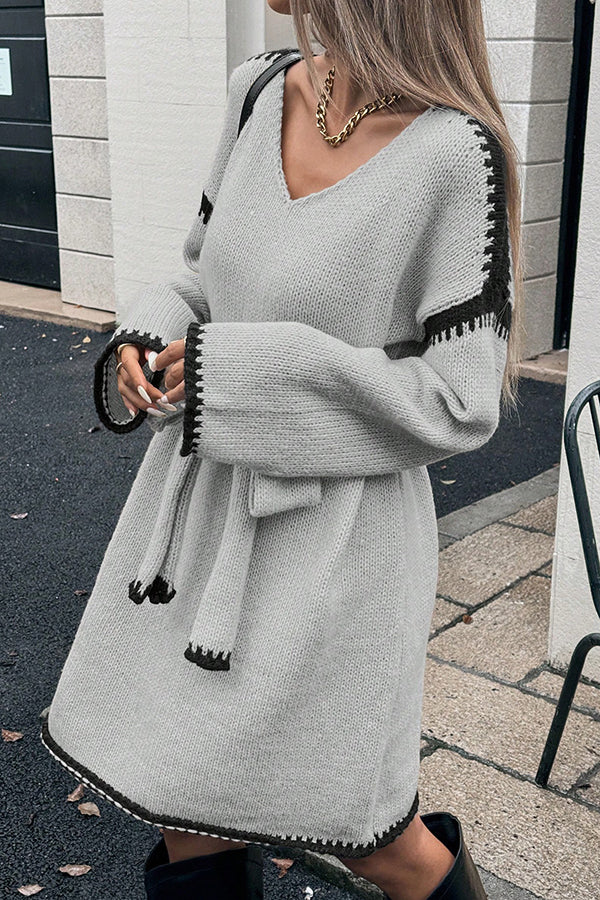 Loose-fitting Long-sleeved Tie-waist Knit Mini Dress