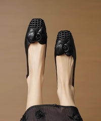 Grey Flat Shoes For Cowhide Leather Soft Splicing Floral