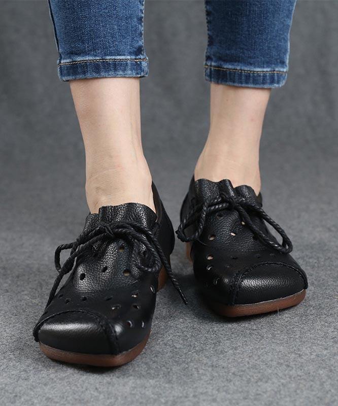 Simple Lace Up Flat Feet Shoes Black Cowhide Leather Hollow Out Penny Loafers