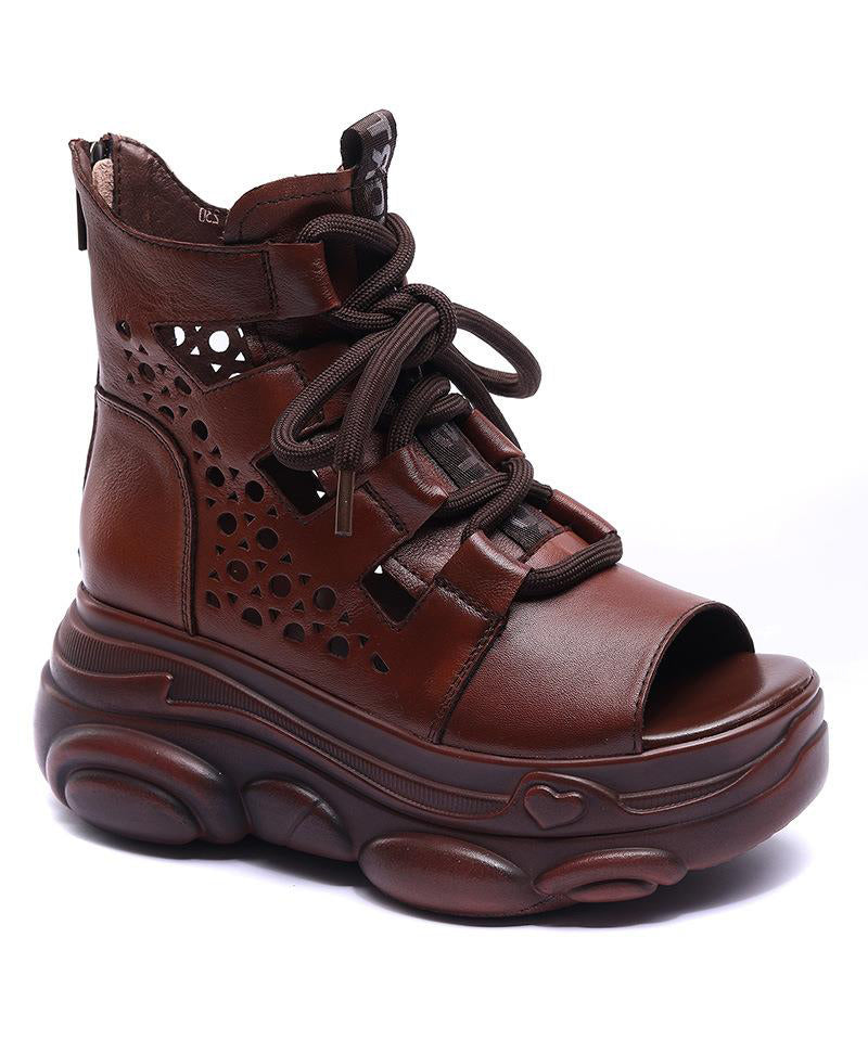 Vintage Brown Wedge Faux Leather Lace Up Sandals