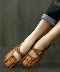 Khaki Buckle Strap Cowhide Leather Flats Shoes